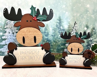 Christmas moose shelf sitter, two sizes, hand painted laser cut, woodland decor