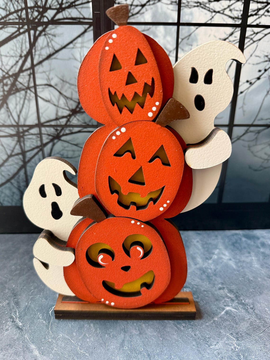Stacked Jack O' Lantern Pumpkins and Ghosts Shelf Sitter for Halloween ...