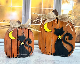 Rustic pumpkin, black cat, crescent moon, hand painted distressed wood, free standing shelf sitter, Halloween, autumn decor