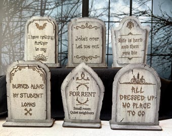 Funny tombstones for Halloween decor, hand painted shelf sitter, spooky tiered tray, cemetery scene