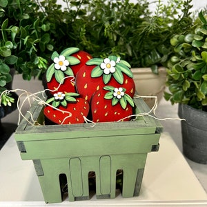 Strawberry carton and chunky strawberries in four sizes, painted as shown of unfinished for DIY