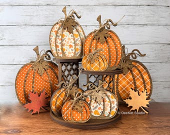 Chunky Wooden Pumpkin Shelf Sitter | Fall Decor in 4 Sizes & 3 Prints | Autumn Mantel or Tiered Tray Accent