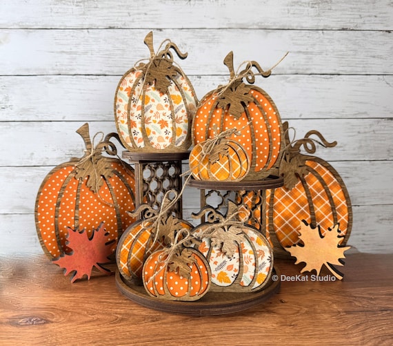 Chunky Wooden Pumpkin Shelf Sitter | Fall Decor in 4 Sizes & 3 Prints | Autumn Mantel or Tiered Tray Accent