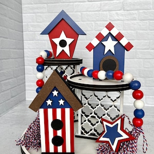 Patriotic style faux bird house, tiered tray decor, shelf sitter, three styles