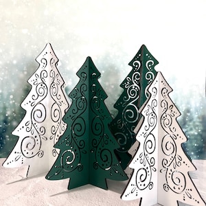 Decorative Christmas trees, fancy scroll 3D free standing laser cut wood trees, 3 sizes, 4 finish options