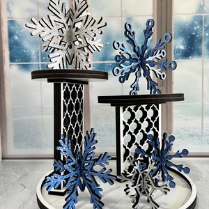 Glitter 3D snowflakes, free standing winter decor, laser cut wood in 5 size options, silver or blue