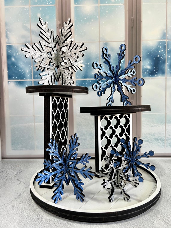 Glitter 3D Snowflakes, Free Standing Winter Decor, Laser Cut Wood in 5 Size  Options, Silver or Blue 