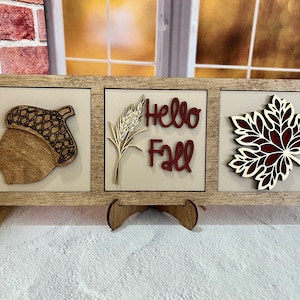 Autumn interchangeable 4 inch squares, acorn, gold leaf, Hello Fall with wheat stalk