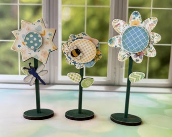 Primitive Style Flower Trio Shelf Sitters - Hand-Painted Mixed Media Decor with Bee and Dragonfly Embellishments - Set of 3 or Individually