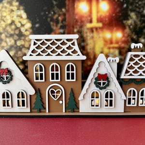 Gingerbread Tealight Village Shelf Sitter | Christmas Mantel Decor | Laser Cut Wooden Holiday Display with Tea Lights