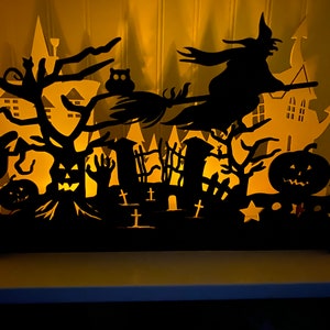 Halloween candle frame, personalized gift, spooky laser cut silhouette, painted wood, includes two flickering battery operated tea lights