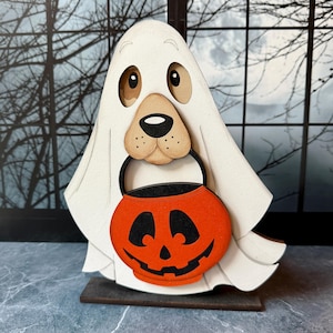 Ghost Puppy Halloween Decor | Cute Dog in Ghost Costume | Jack-o’-Lantern Shelf Sitter