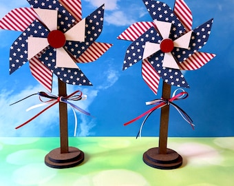 Patriotic Whirligig Shelf Sitter – Red White and Blue Farmhouse Decor