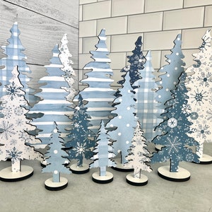 Decorative freestanding trees in 5 blue and white prints, 5 sizes - 4 inches to 10 1/2 inches, winter, Christmas, holiday mantel decor