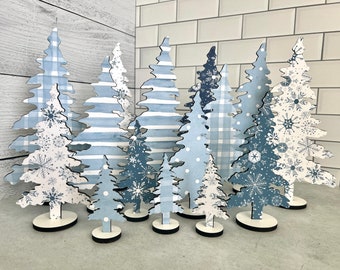 Decorative freestanding trees in 5 blue and white prints, 5 sizes - 4 - 10 1/2 inches