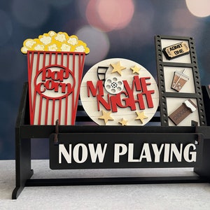 Movie Night, popcorn, candy, interchangeable insert for farmhouse wagon or raised shelf sitter, tiered tray, tv or theater room decor