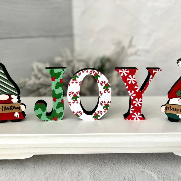 JOY chunky block letters with Christmas print, little gnomes with Merry Christmas sign, shelf sitter, mantel decor