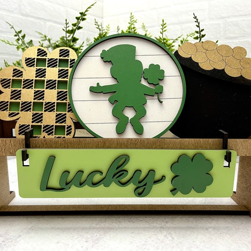 St Patrick's Day decor bundle for wagon, raised shelf sitter with leprechaun, pot of gold, shamrock, Lucky sign, painted