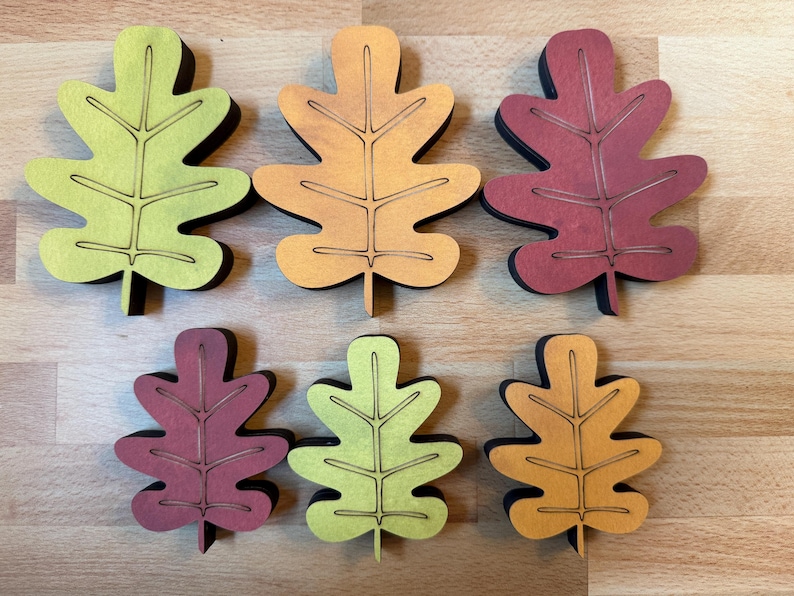 May include: Six flat, leaf-shaped cutouts arranged in two rows. The top row features light green, orange, and dark red leaves, while the bottom row includes dark red, light green, and orange leaves. Each leaf has a dark edge and etched veins.