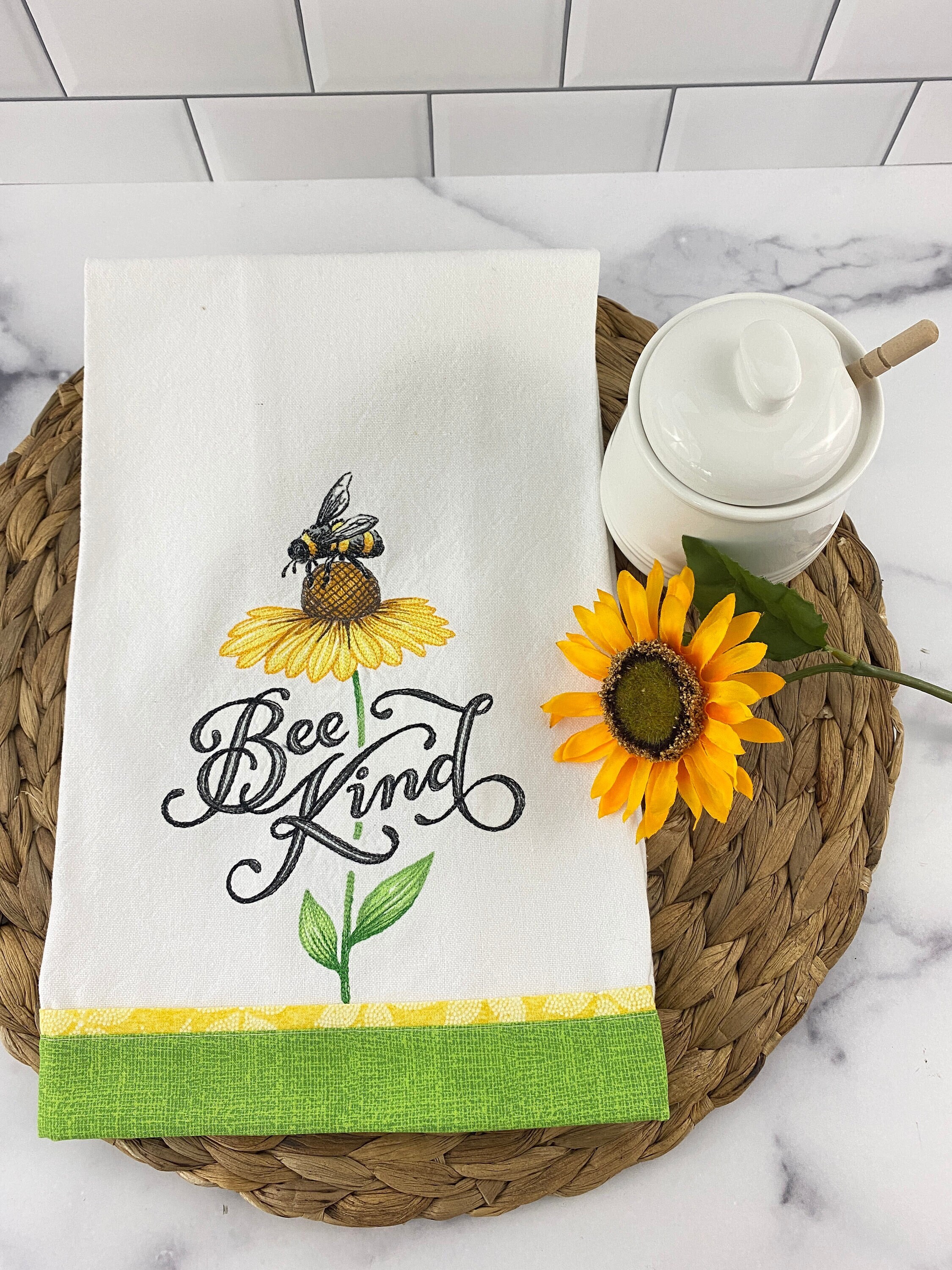 Tea Towel Be Kind with Bee and Flower Embroidered on the Towel Kitchen Towel