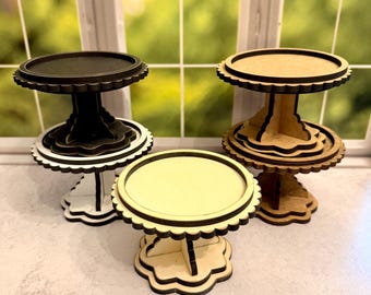 Farmhouse Scalloped Pedestal Stand | Rustic Tiered Tray Riser | Mini Display Stand | Wood Pedestal