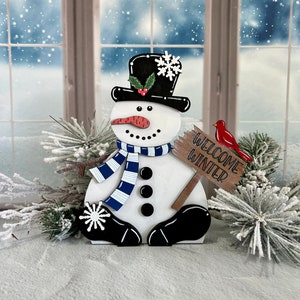 Welcome Winter snowman, free standing hand painted wooden snowman shelf sitter, winter decor, available as DIY unfinished or painted