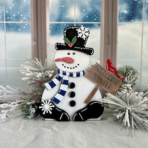 Welcome Winter Snowman | Hand Painted Shelf Sitter | Cozy Winter Decor
