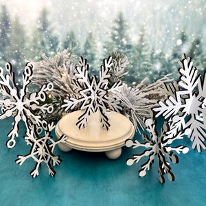 Wooden snowflakes, set of five, 3D laser cut free standing, winter decor