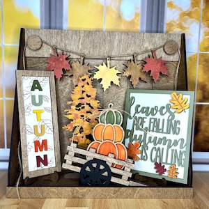 Autumn decor bundle for shaker style shelf, tiered tray, mini signs, wagon crate, garland, trees, pumpkins