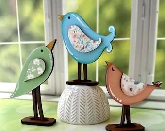 Whimsical Bird Shelf Sitters - Hand-Painted Mixed Media Decor - Single or Double Sided Option