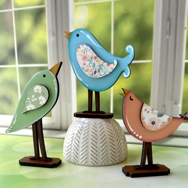 Whimsical Bird Shelf Sitters - Hand-Painted Mixed Media Decor - Single or Double Sided Option