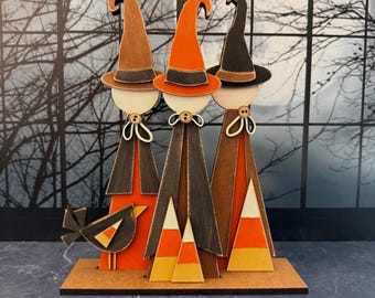 Primitive Halloween Witch Trio | Rustic Wooden Witch Shelf Sitters