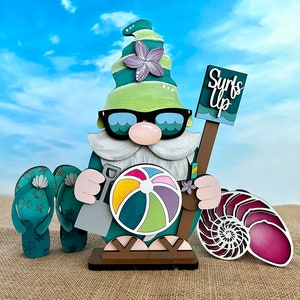 Beach Summertime Gnome Decor Shelf Sitter - Hand-Painted Gnome with Sunnies, Beach Ball, and Flip Flops - Summer Home Decor