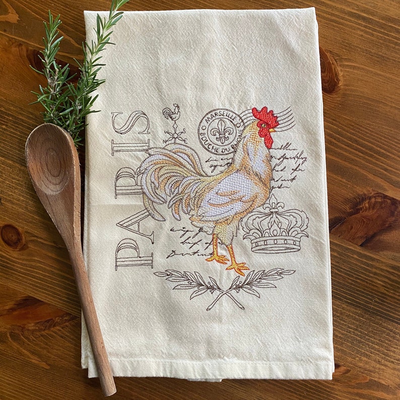 Embroidered kitchen towel French farmhouse rooster embroidery | Etsy