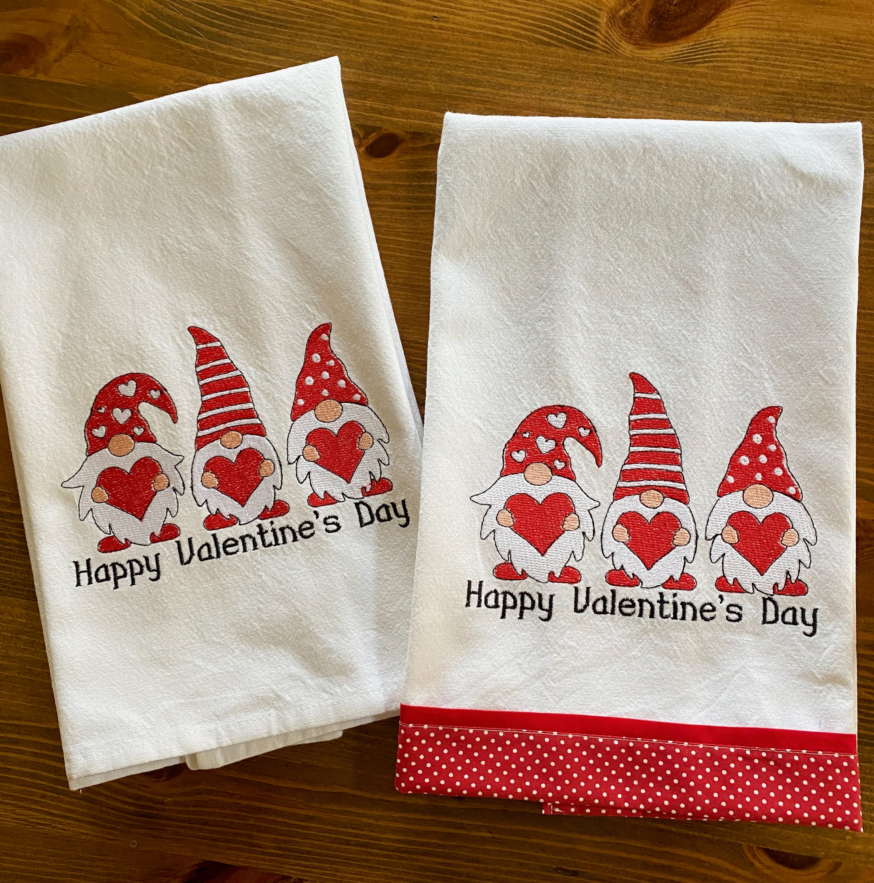 Embroidered Bathroom Hand Towel Trio of Gnomes w Hearts Happy Valentine's Day 