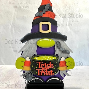 Hand Painted Halloween Witch Gnome Shelf Sitter with Cauldron