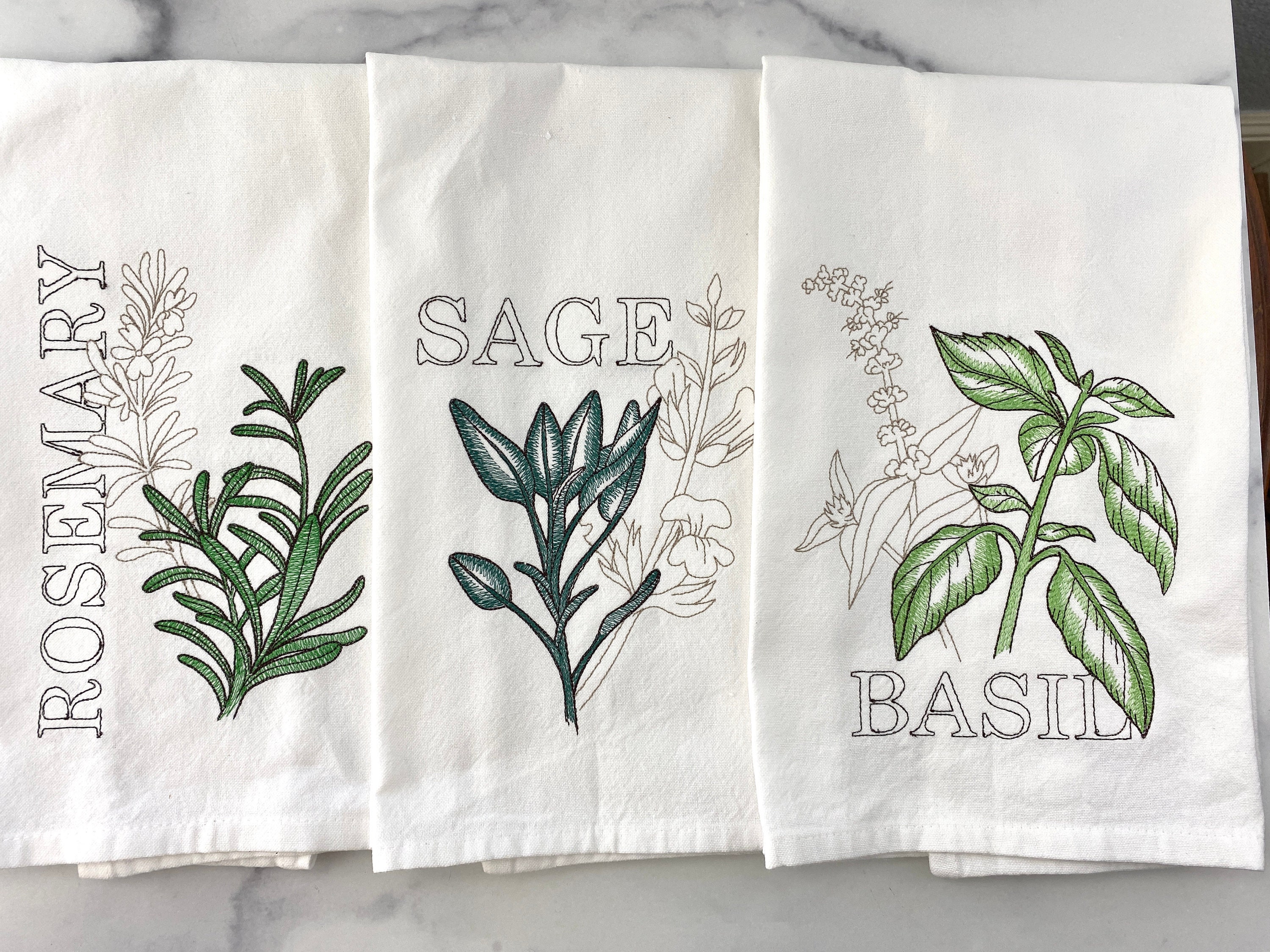 Embroidered Kitchen Towels Herb Garden Kitchen Towels Hanger Loop Parsley  Sage Rosemary Thyme Oregano Basil 