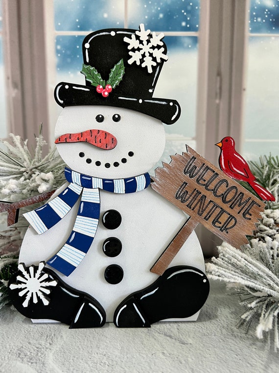 Welcome Winter Snowman | Hand Painted Shelf Sitter | Cozy Winter