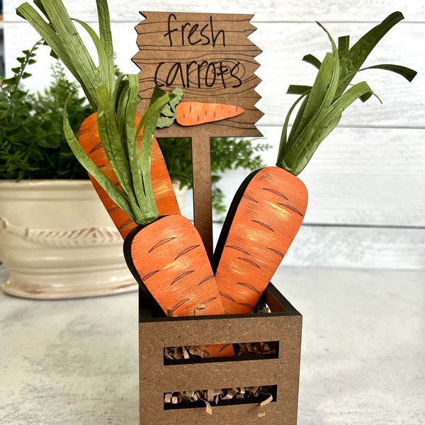 Mini crate with three faux wood carrots, fresh carrots sign, hand painted Easter Spring farmhouse decor, available as a set or individually