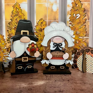 Hand Painted Pilgrim Gnomes or Turkey Shelf Sitter – Fall Thanksgiving Decor – 3D Layered Wood – Boy or Girl Gnome – Autumn Mantel Display