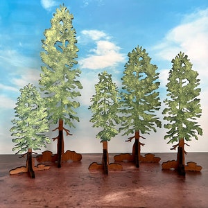 Arbres verts sur pied - Décoration estivale en bois peinte à la main - Plusieurs tailles avec base assortie - MDF découpé au laser