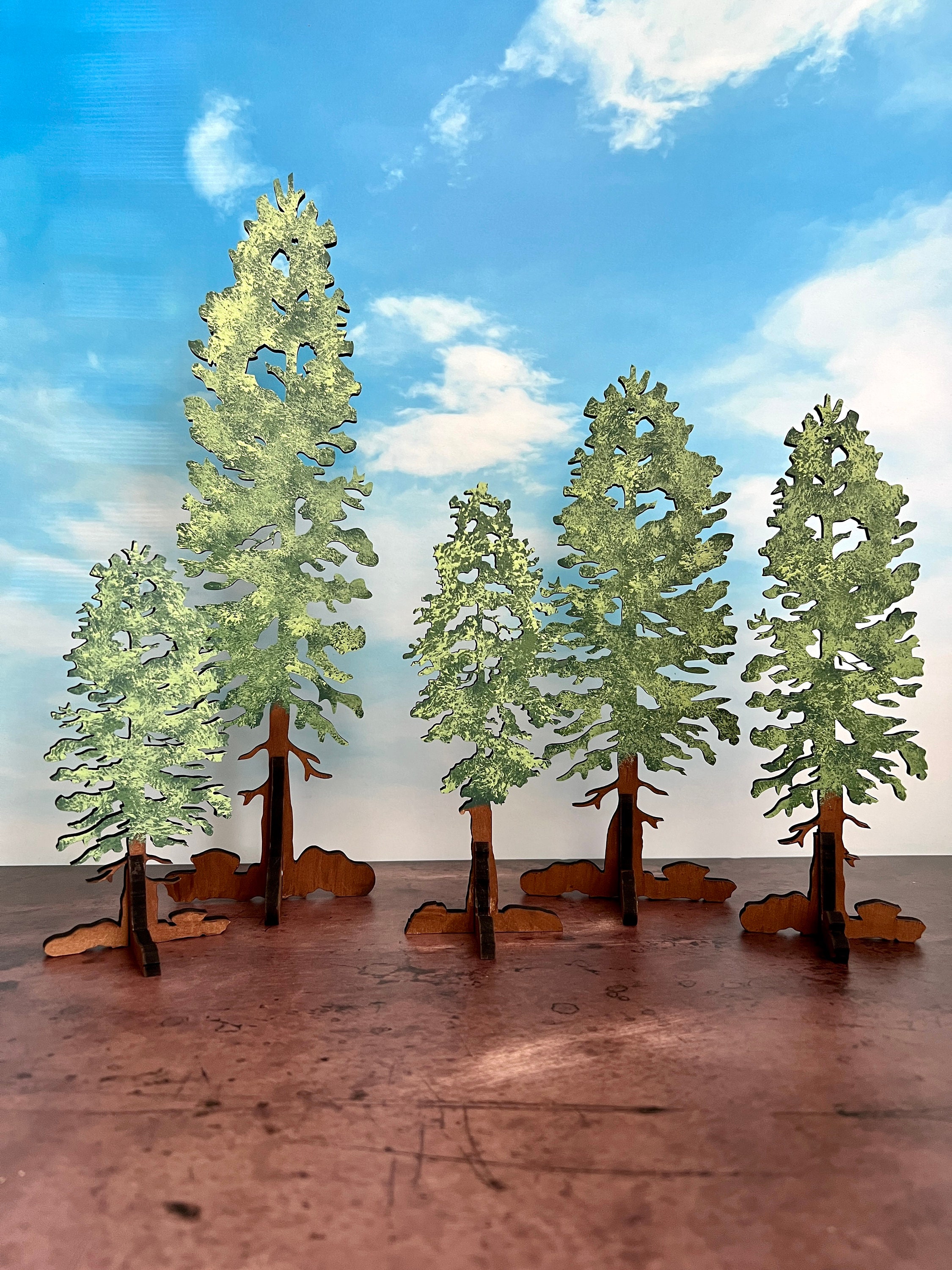 Free Standing Green Trees - Hand-Painted Wooden Summer Decor - Multiple Sizes with Matching Base - Laser Cut MDF