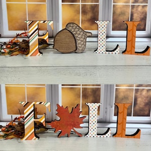 Letras de imprenta para estanterías FALL, impresiones otoñales con bellotas u hojas otoñales