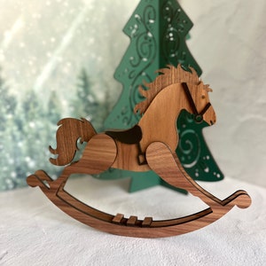 Decorative wooden rocking horse, shelf sitter, laser cut walnut with saddle and bridle, Christmas mantel decor