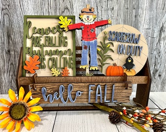 Scarecrow themed autumn decor bundle for tiered tray, wagon or raised shelf, hello fall, hand painted