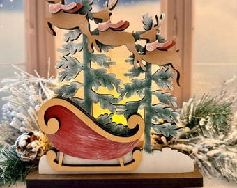 Christmas Sleigh Shadowbox Insert with Freestanding Base Options | Flying Reindeer Scene