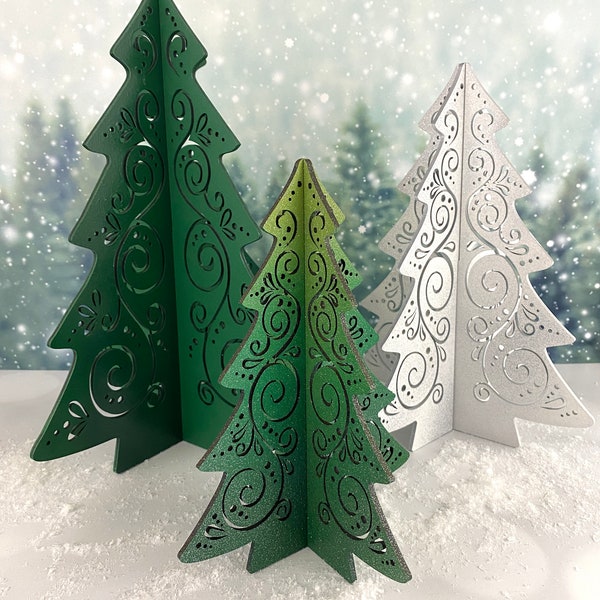 Decorative Christmas trees, fancy scroll 3D free standing laser cut wood trees, 3 sizes, 4 finish options or unfinished for DIY