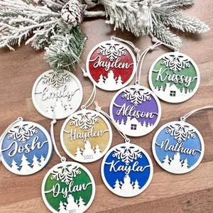 Personalized wooden Christmas tree ornaments, custom stocking tags, 3 designs, 8 color options with or without year engraved