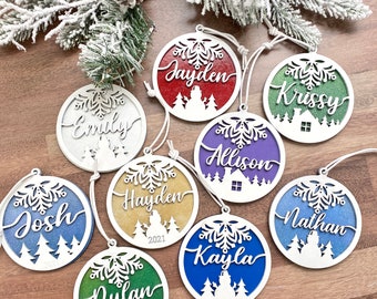 Personalized wooden Christmas tree ornaments, custom stocking tags, 3 designs, 8 color options with or without year engraved