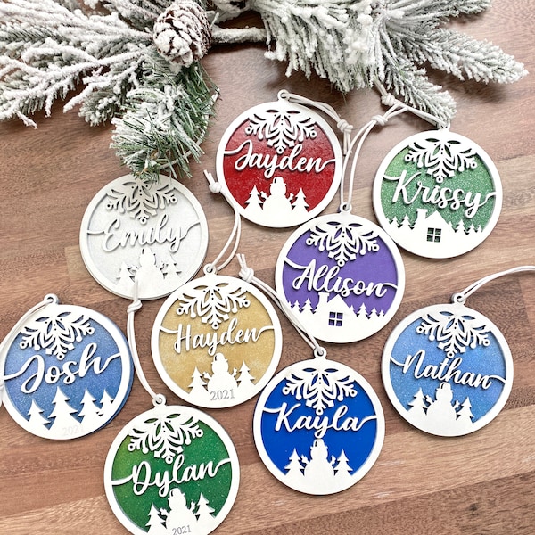 Personalized wooden Christmas tree ornaments, custom stocking tags, 3 designs, 8 color options with or without year engraved